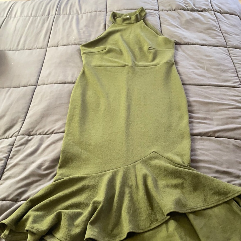 Brand new never worn mock neck sleeveless army green dress with ruffle